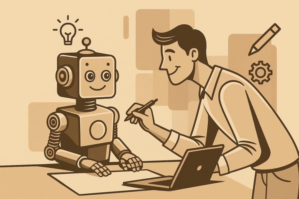 a man sitting at a desk with a robot