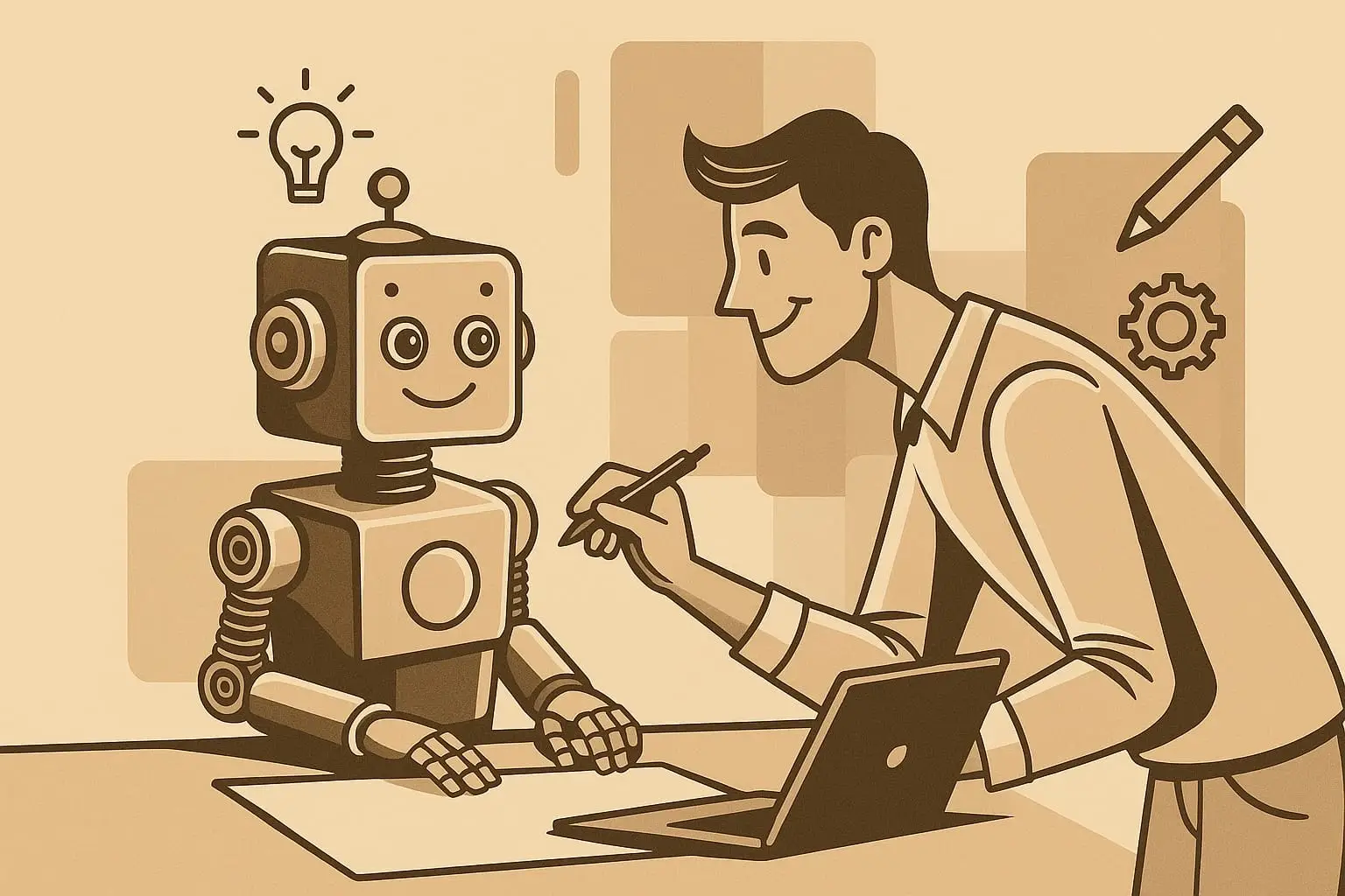a man sitting at a desk with a robot